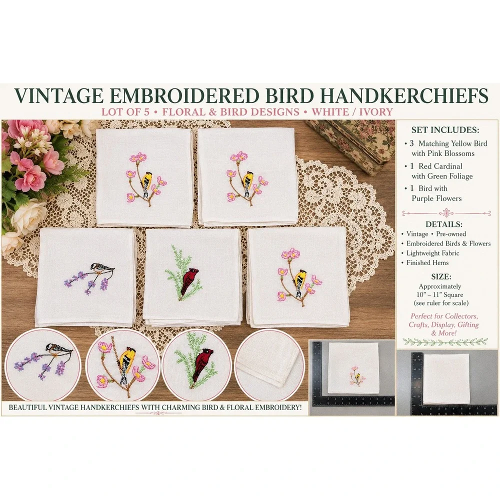 Vintage Embroidered Bird Handkerchiefs Lot of 5 Floral White Cotton Cottagecore